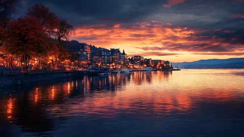 Waterfront residential district at sunset with calm harbor.