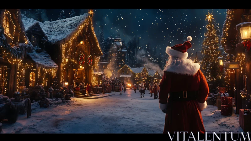 Santa observing illuminated snowy Christmas village street at night