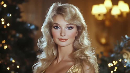 Elegant blonde woman glows amid warm festive evening lights
