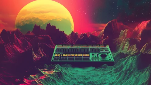 Synth console sails neon canyons beneath an alien sunrise