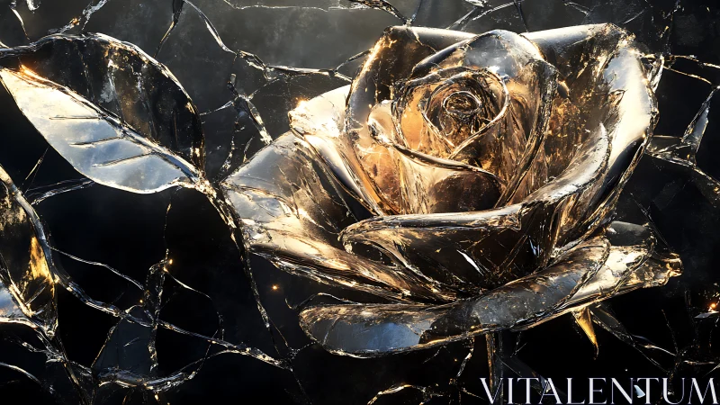 Crystal rose sculpture under fractured glass illumination.