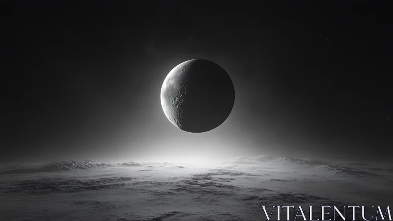 Lunar crescent in axial alignment above icy exoplanet horizon.
