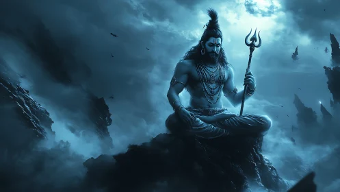 Mythic blue deity meditating on stormy Himalayan peak at night