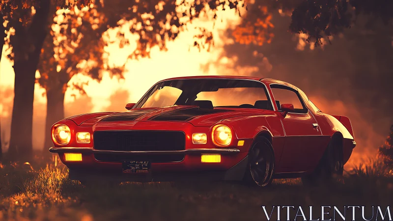 Classic red muscle car glows under cinematic sunset light.