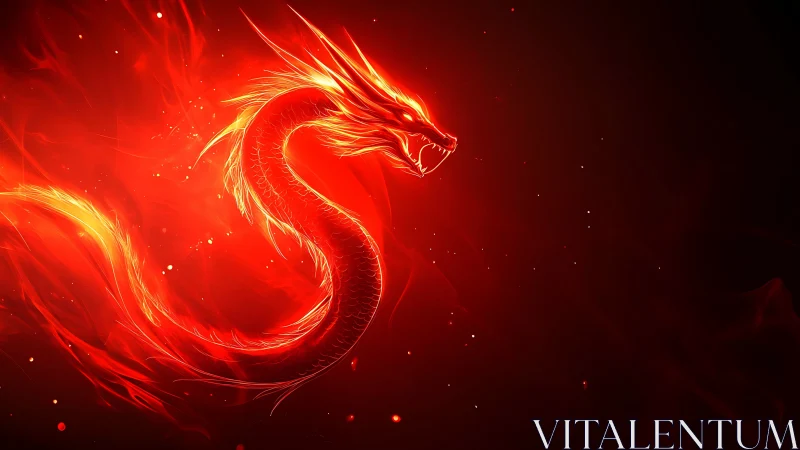 Fiery red dragon curls through glowing embers in the dark