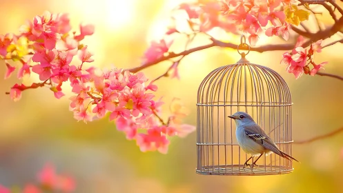 Blue songbird in golden cage with pink blossoms, dreamy sunrise style.