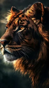 Lioness Profile: Golden Mane Illuminated Against Dark Background.