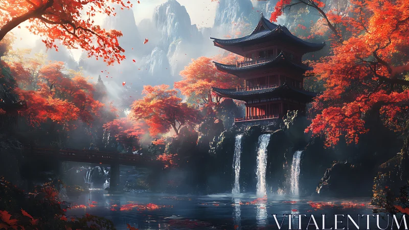 Digital painting of autumn pagoda over cascading waterfalls.