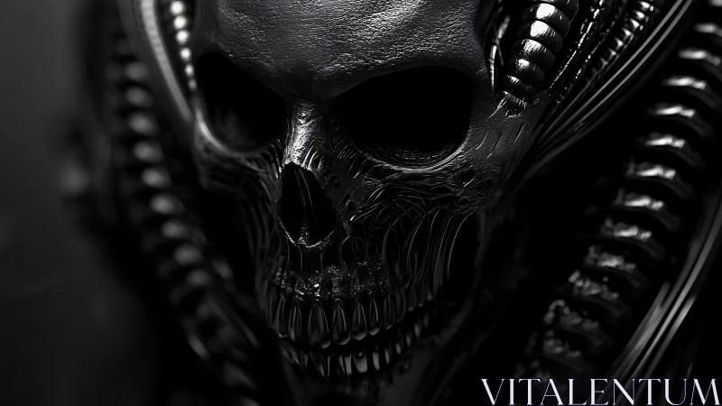 Midnight biomech skull glowing with quiet sci fi menace.