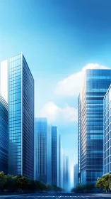 Glass office towers rise along empty sunlit city avenue