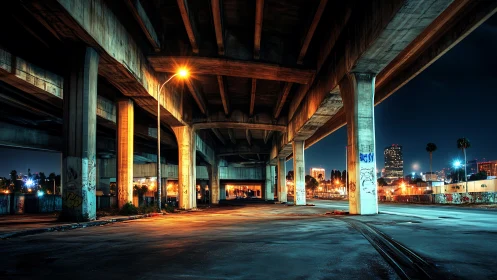 Empty freeway underpass at night with city lights beyond.