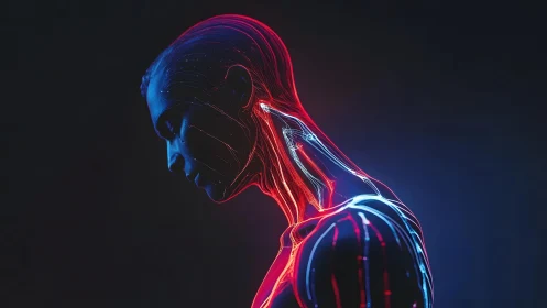 Futuristic Human Anatomy Illustration with Neon Light Effects.