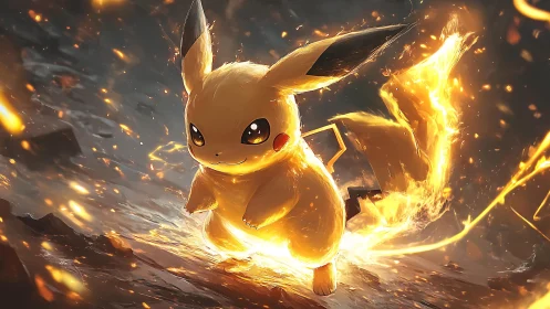 Electric ember mascot charging through a storm of sparks.