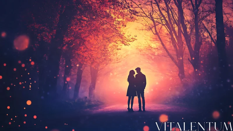 Two souls collide beneath blazing amber skies, frozen in tender twilight