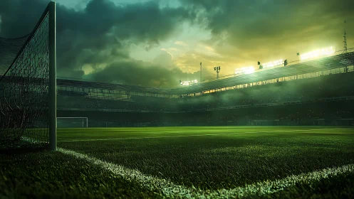 Floodlit football stadium field stands empty before kickoff