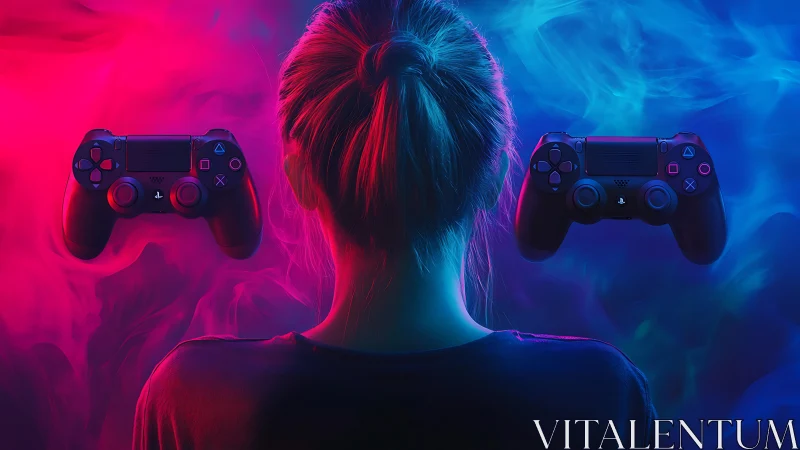 Rear view gamer with dual controllers in neon smoke field.