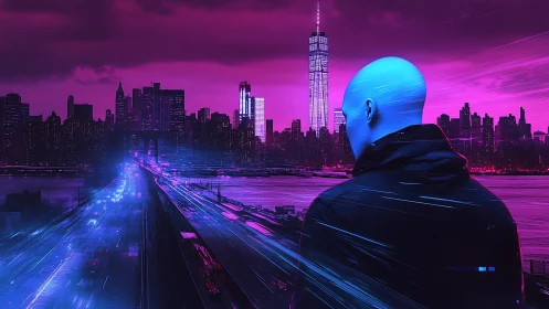Blue figure overlooking neon city skyline at night