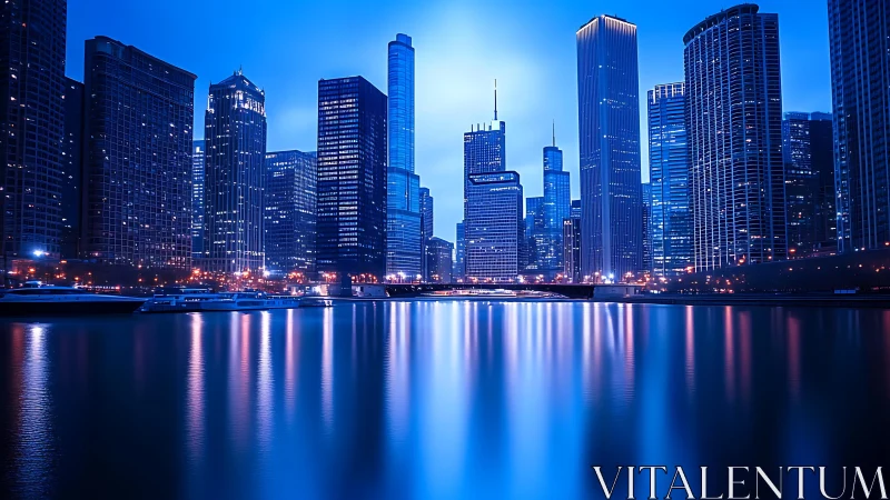 Luminous blue city skyline glows over calm reflective water