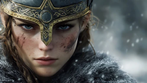 Warrior maiden stares through snowstorm with icy resolve