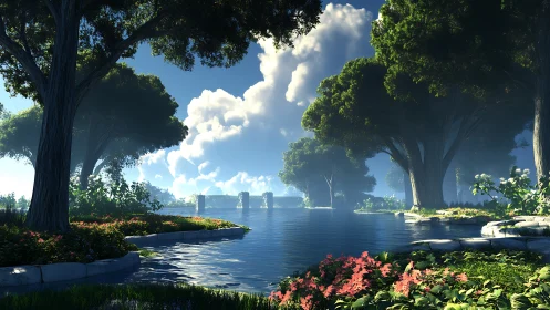 Sunlit forest lake reflects sculpted clouds and foliage.