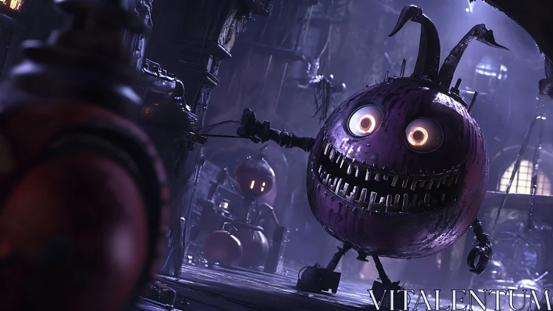 Purple spherical robot in dim industrial interior.