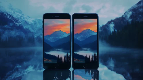 Smartphones with mirrored mountain landscape screens on lake.