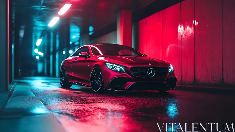Red coupe cuts through neon-lit tunnel in cinematic low angle