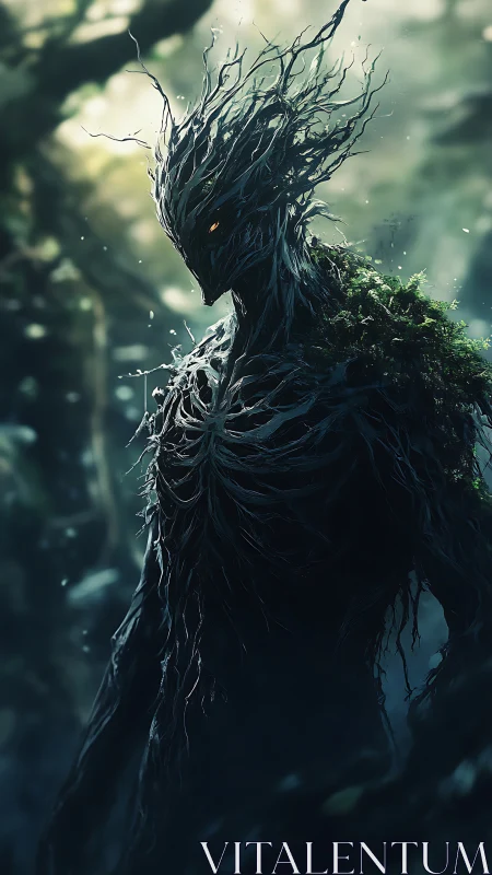 Forest warden of tangled roots stalks the dappled light