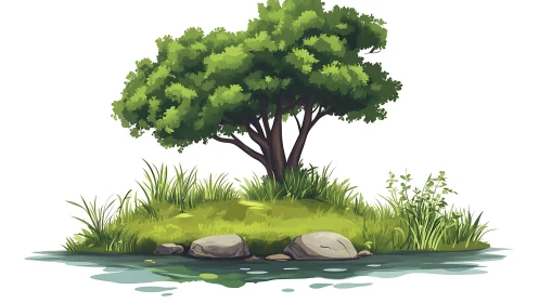 Illustration of isolated landscape with tree, grass, water elements.