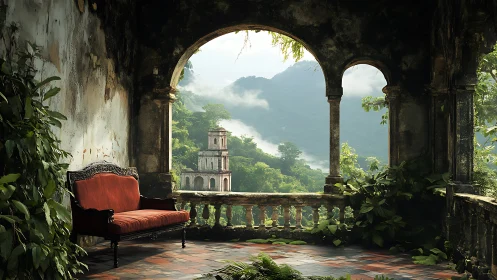 Sunlit jungle balcony with a quiet crimson velvet seat.