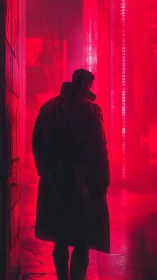 Lone figure in neon rain walks through electric crimson night.