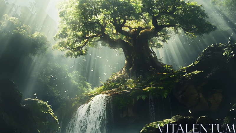 Ancient tree crowns luminous waterfall in misted forest gorge