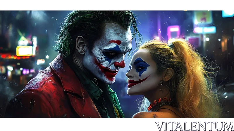 Clown-masked couple lock eyes under neon city rain.