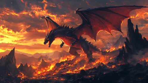 Volcanic dragon traverses magma field under incandescent sky