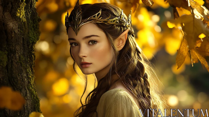 Elven figure with crown in autumn forest setting.