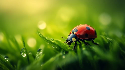 Ladybug wandering through dewy sunrise grasslands.