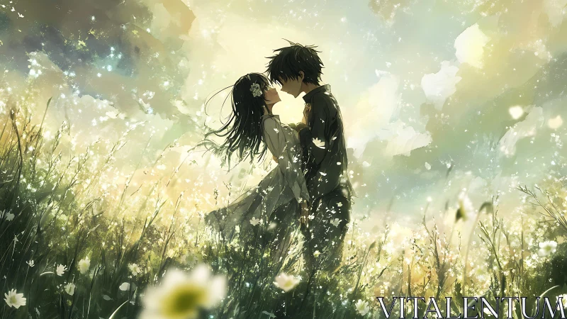 Sunlit meadow embrace with anime couple in soft bloom haze.