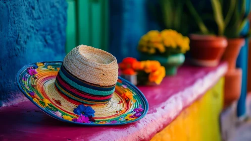 Straw hat with multicolored bands on painted outdoor ledge.