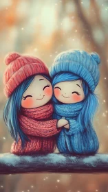 Winter Friends Embrace Warmth in Snowy Moment.