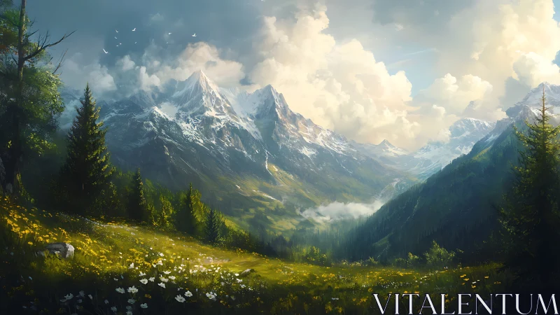 Luminous alpine valley with snowbound peaks and stratified clouds.