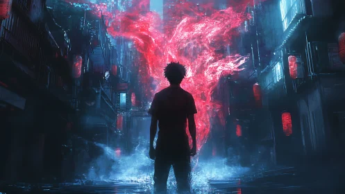 Silhouetted figure observes red energy mass in neon alley