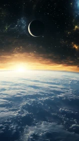 Gentle sunrise above Earth with a quiet crescent moon.