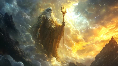 Ancient sky god strides through stormlit clouds with golden staff