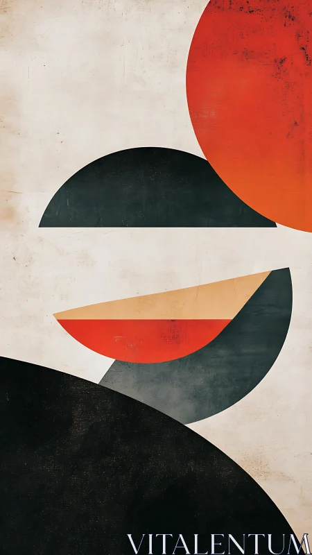 Geometric abstract with red semicircles and dark arcs.