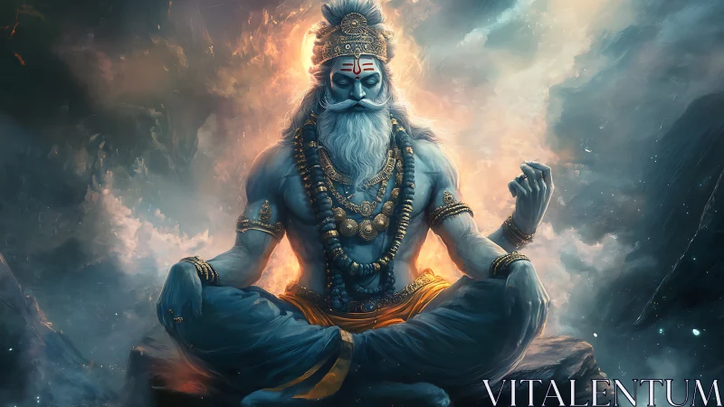 Blue meditating deity radiates cosmic fire and serenity.