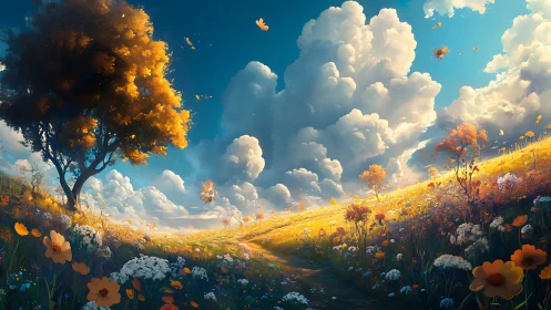 Golden meadow landscape under towering summer clouds.