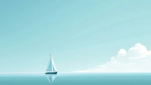 Quiet sailboat drifting across soft blue morning sky.