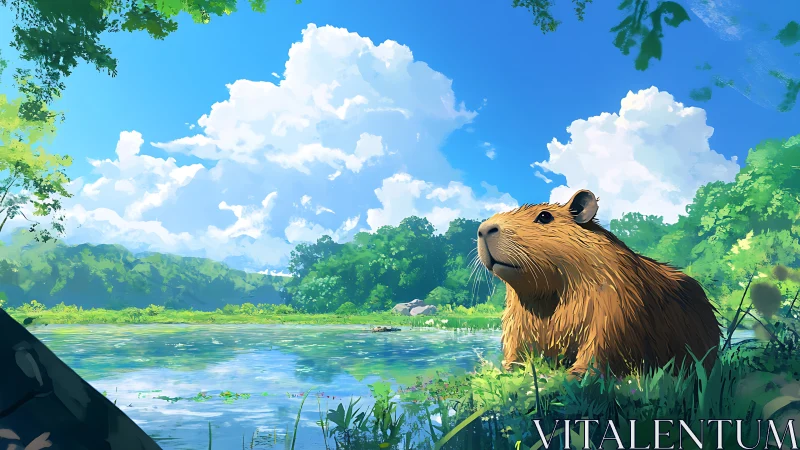 Capybara stands beside reflective pond under bright clouds.