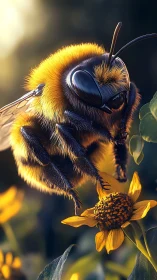 Macro photorealistic bee on yellow wildflower in warm bokeh focus.