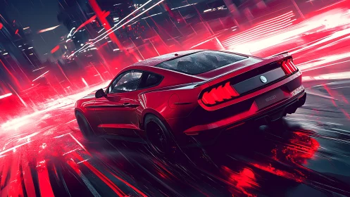 Red performance coupe in neon-soaked futuristic city streets.